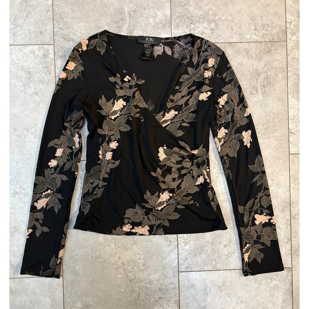 BCBG MaxAzria Essentials Floral Wrap Top Women's Small Black Y2K Stretch